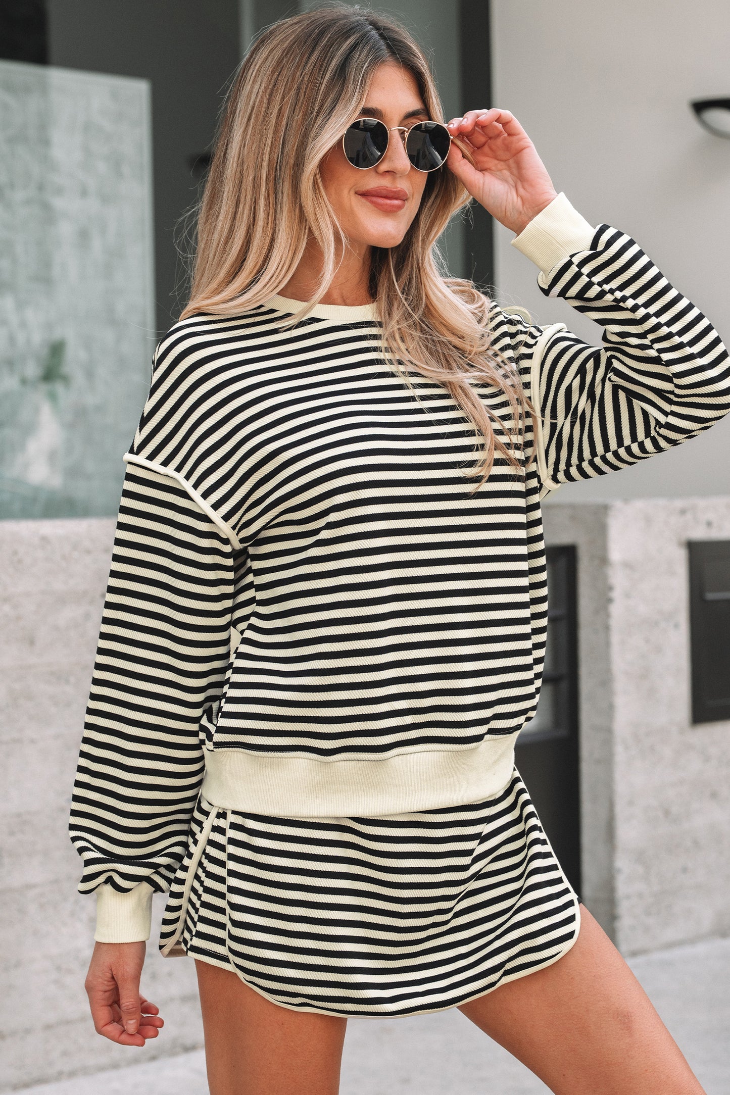 Stripe Textured Pullover Top and Mini Skirt Set