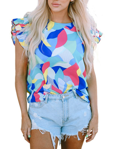 Abstract Ruffle Short Sleeve Blouse