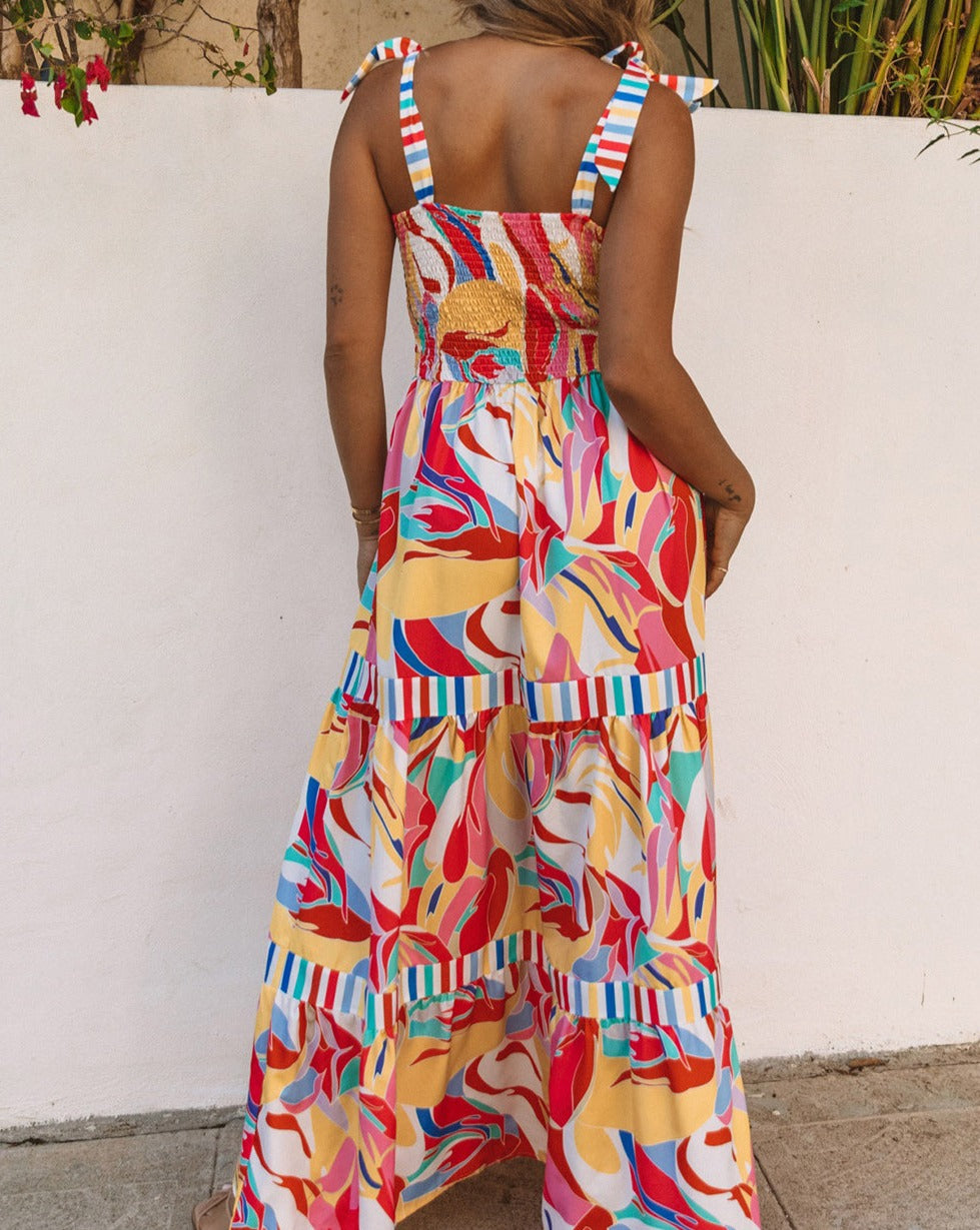 Abstract Stripe Trim Maxi Sundress