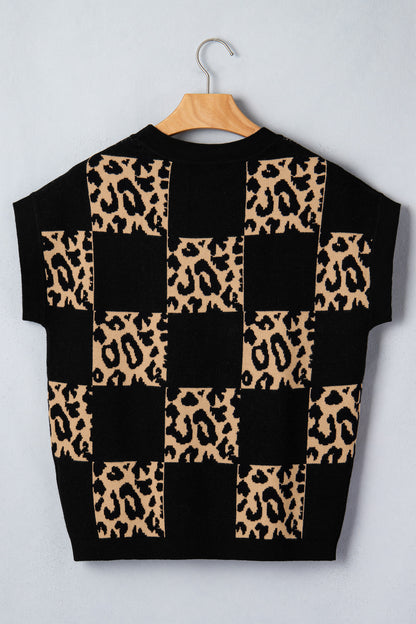 Leopard Checker Short Sleeve Knit Sweater