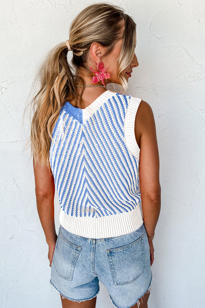 Chevron Contrast V-Neck Sleeveless Sweater Top