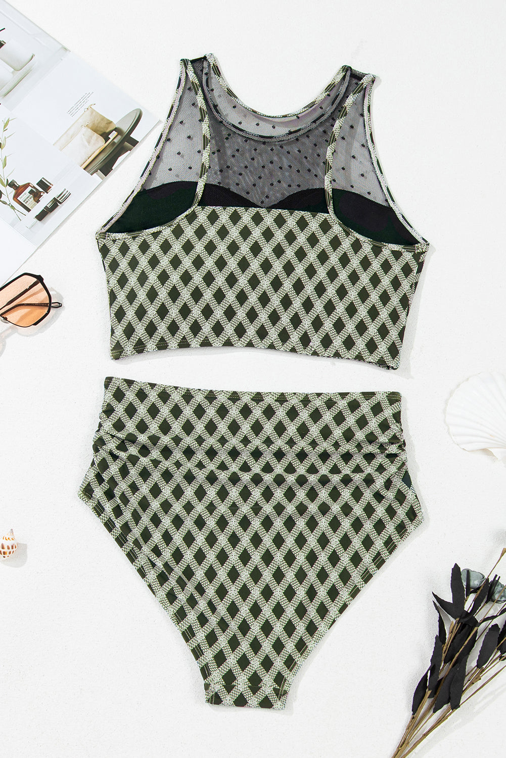 Plaid Dotted Mesh Top & High Waist Bikini Set