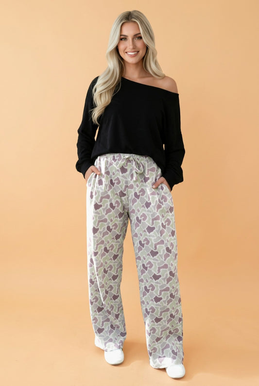 Camo Drawstring High Waist Wide Leg Pants