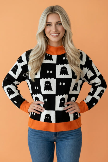 Halloween Ghost Checker High Neck Drop Shoulder Sweater