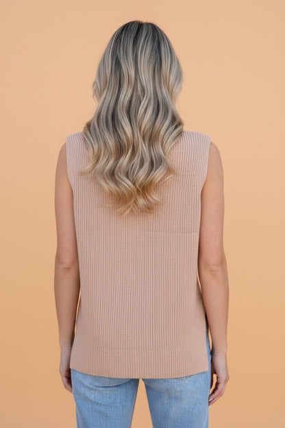 Solid Turtleneck Split Hem Sleeveless Knit Top