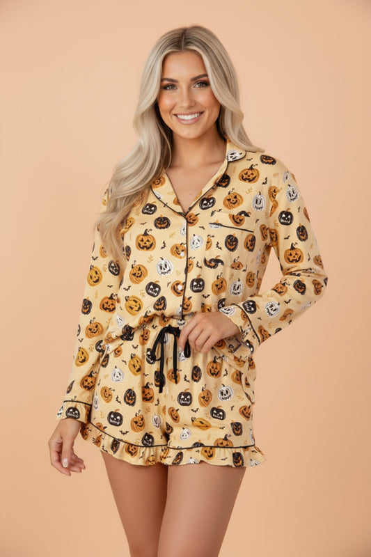 Halloween Jack-O-Lantern Ruffle Top & Shorts Lounge Set