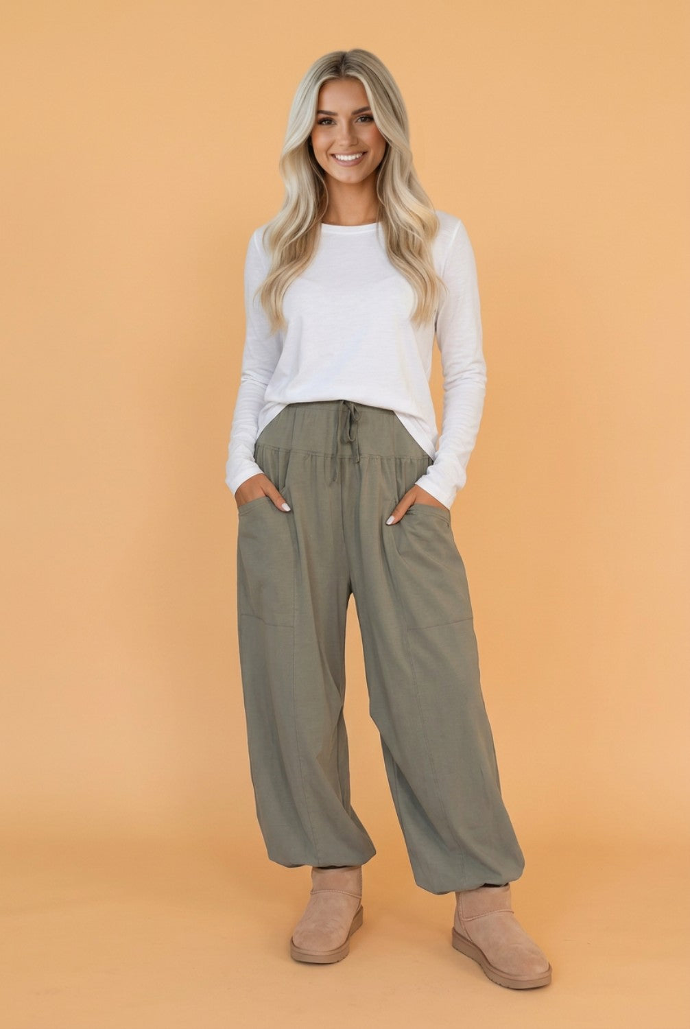 Solid Drawstring Elastic Waist Wide Leg Pants