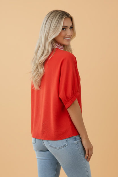 Gingham Collared V-Neck Short Sleeve Tunic Blouse