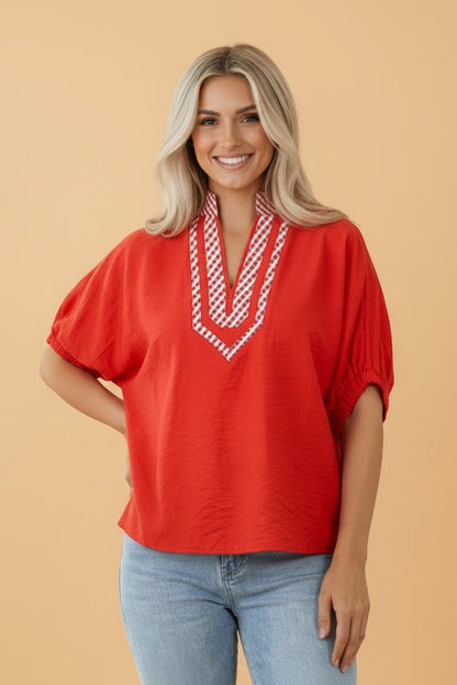 Gingham Collared V-Neck Short Sleeve Tunic Blouse