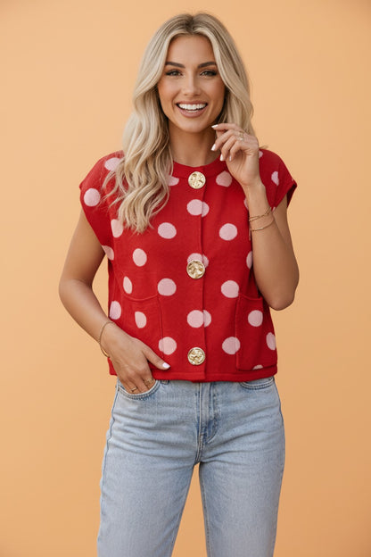 Polka Dot Drop Shoulder Buttoned Knit Vest