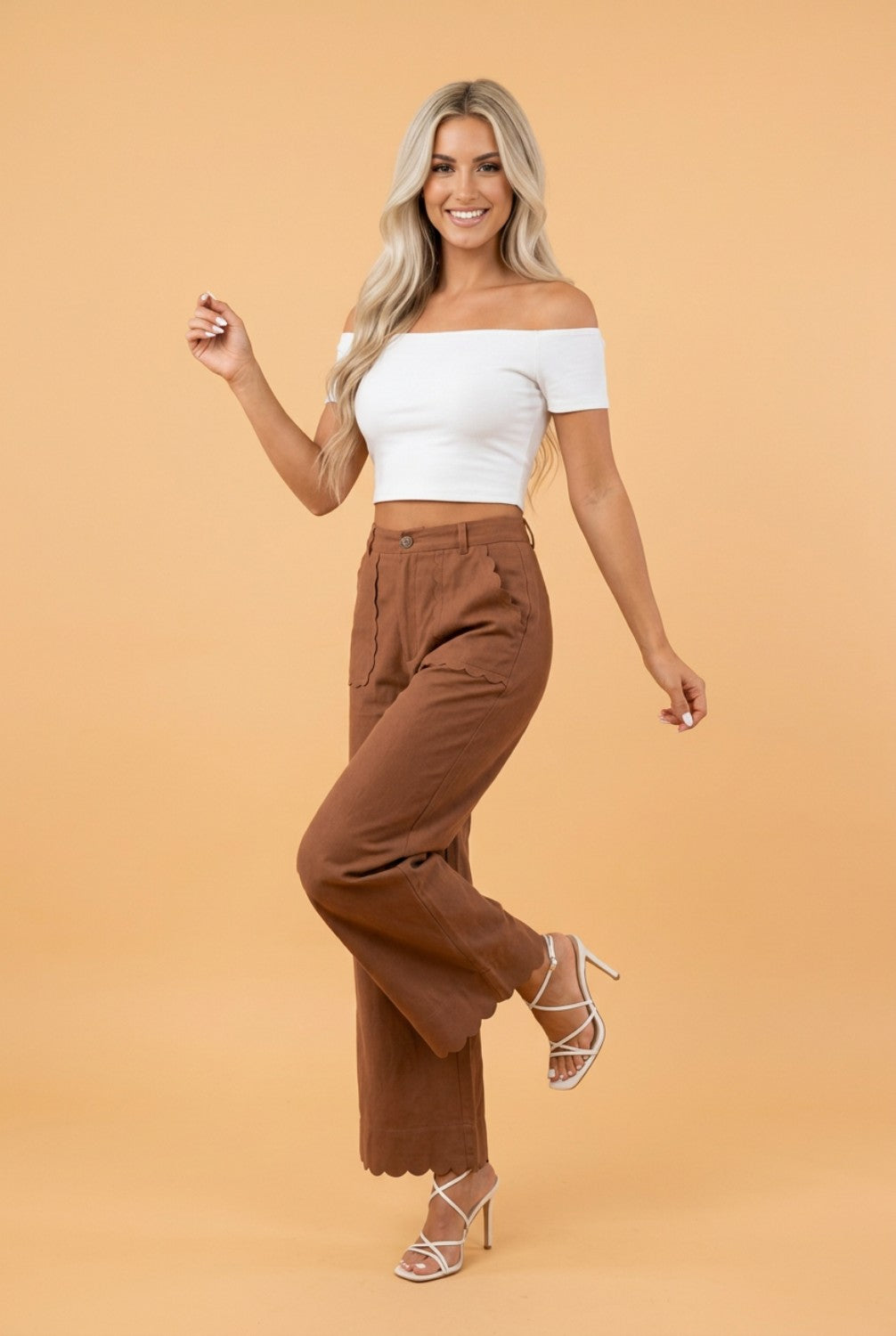 Solid Scalloped Edge Pocketed High Waist Pants