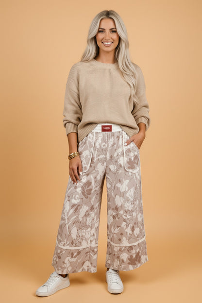 Floral Elastic Waist Wide Leg Pants