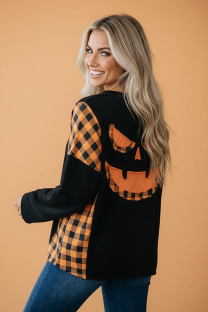 Halloween Pumpkin Gingham Patchwork Long Sleeve Top