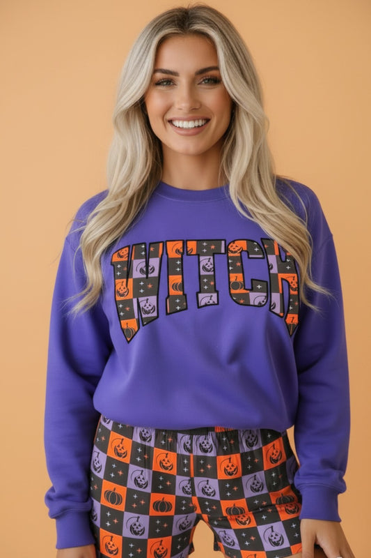 Halloween Witch Long Sleeve Top & Checker Shorts Set