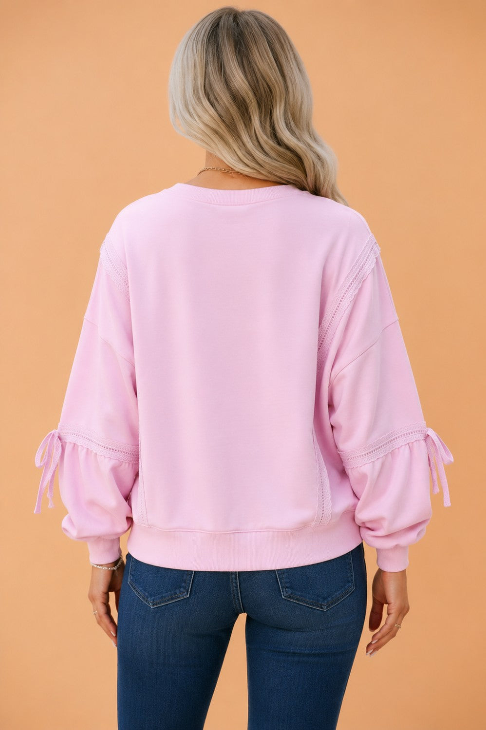 Solid Lace Trim Raw Seam Loose Sweatshirt