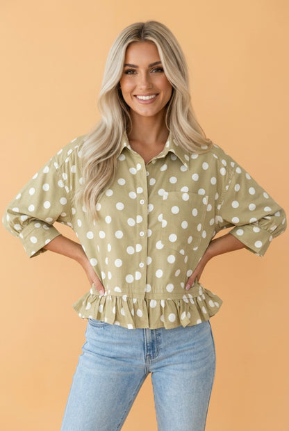 Polka Dot 3/4 Sleeve Ruffle Hem Shirt