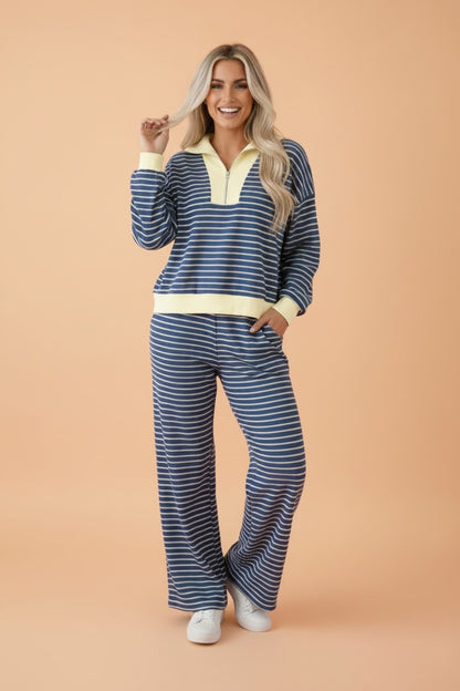Stripe Colorblock Zip V-Neck Pullover and Pants Set