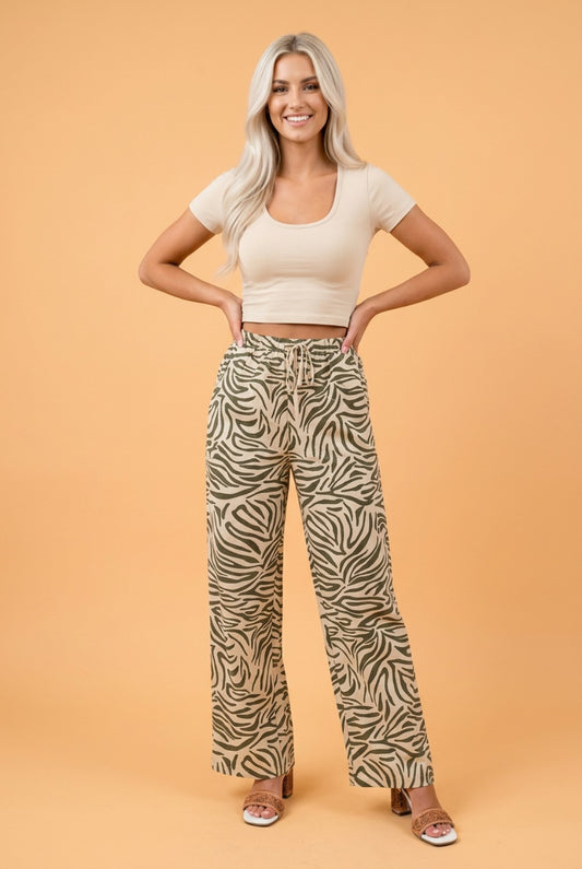 Western Zebra Drawstring High Waist Pocketed Pants