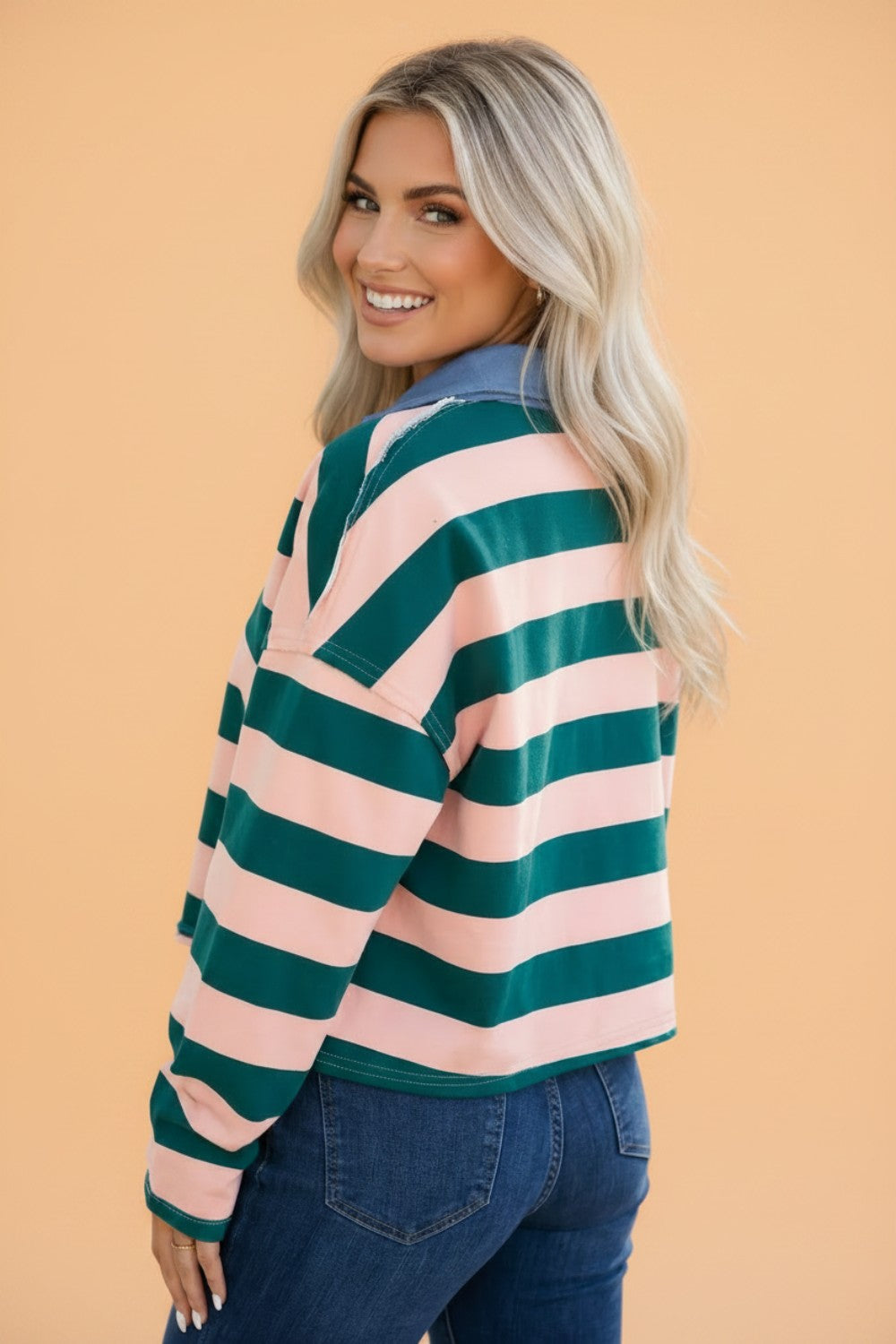Stripe Quarter-Zip Exposed Seam Long Sleeve Top