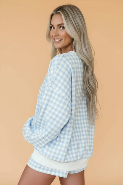 Gingham Contrast Trim Pullover Top & Shorts Set