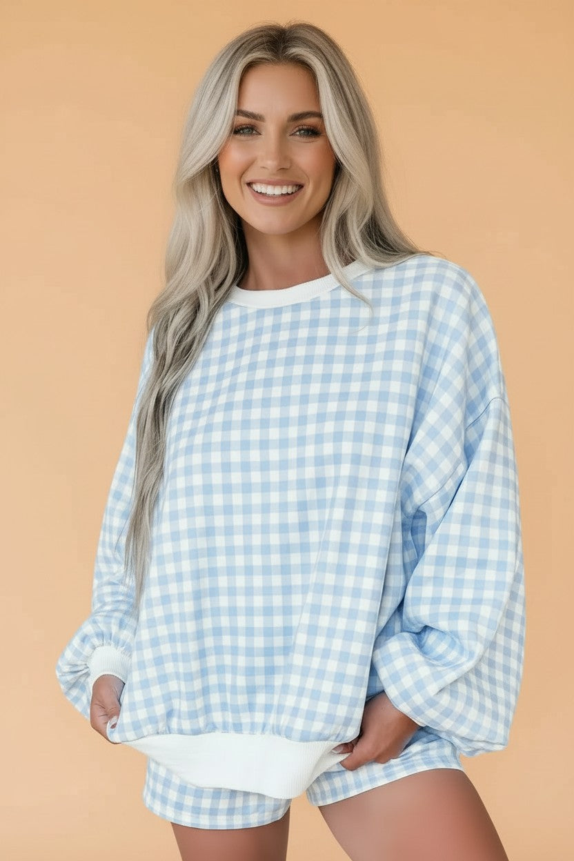 Gingham Contrast Trim Pullover Top & Shorts Set