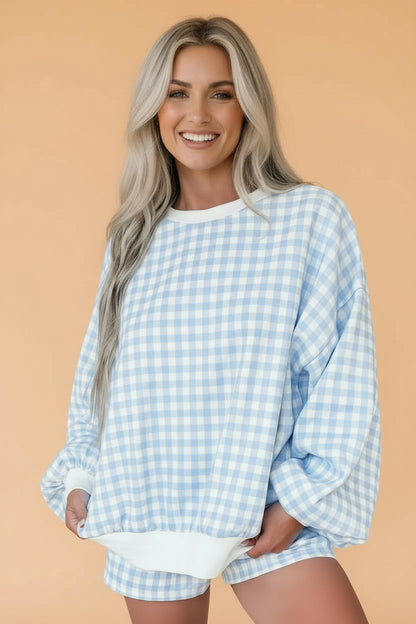 Gingham Contrast Trim Pullover Top & Shorts Set