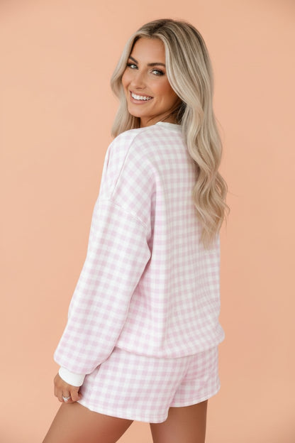 Gingham Contrast Trim Pullover Top & Shorts Set