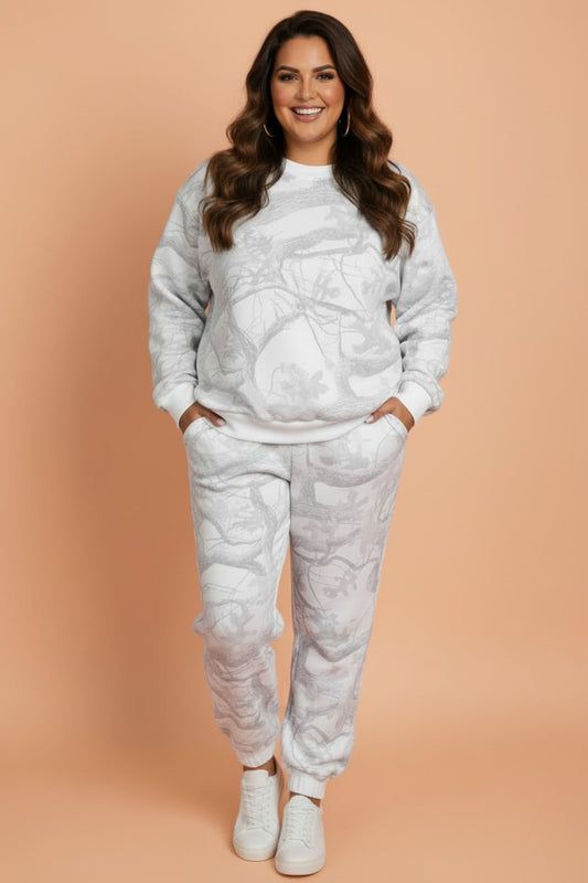 Plus Size Camo Long Sleeve Top and Pants Set