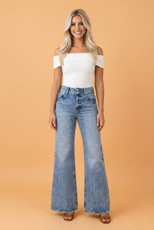 Denim Acid Wash Pockets Flare Jeans