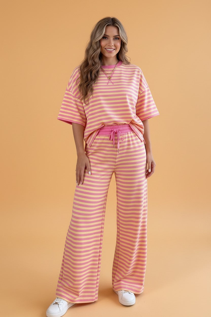 Stripe Colorblock Trim Short Sleeve Tee and Pants Set