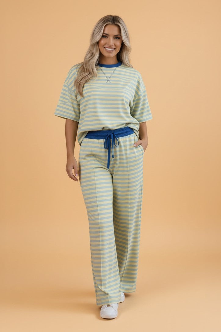 Stripe Colorblock Trim Short Sleeve Tee and Pants Set
