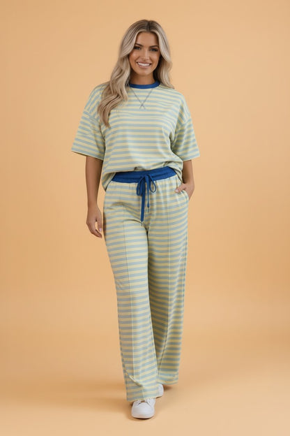 Stripe Colorblock Trim Short Sleeve Tee and Pants Set