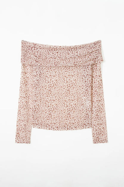 Leopard Mesh Foldover Off Shoulder Long Sleeve Top