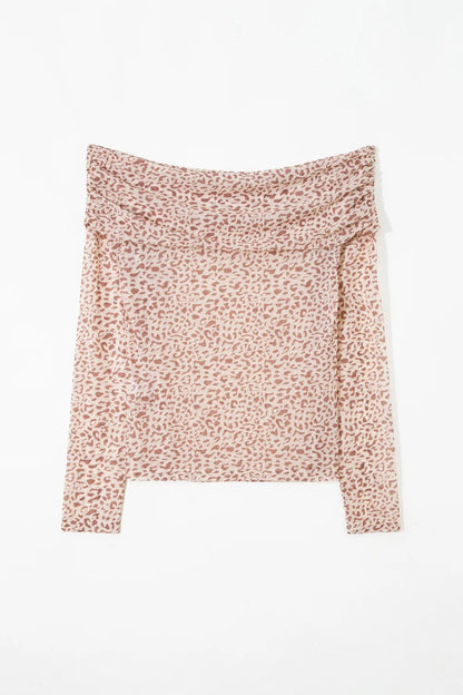 Leopard Mesh Foldover Off Shoulder Long Sleeve Top