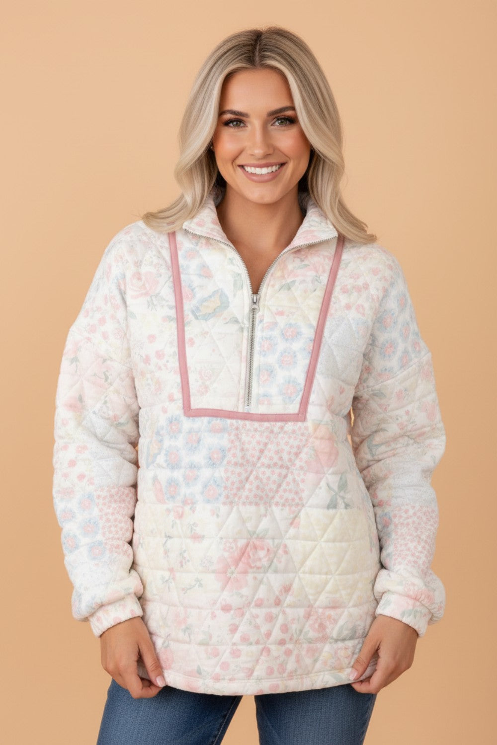 Floral Quilted Metal Zipper Collar Long Sleeve Sweatshirt