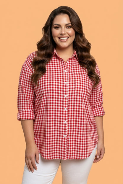 Plus Size Gingham V-Neck Long Sleeve Tunic Shirt