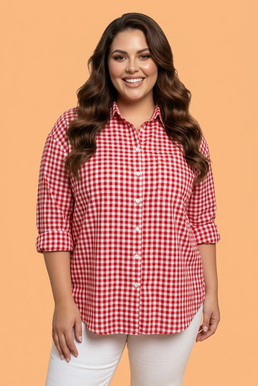 Plus Size Gingham V-Neck Long Sleeve Tunic Shirt