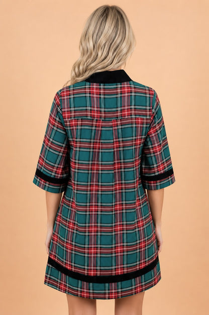 Plaid Velvet Contrast Trim 3/4 Sleeve Mini Dress