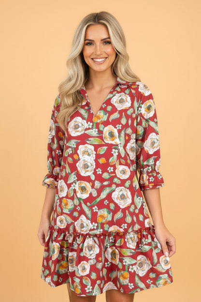 Floral Ruffle 3/4 Sleeve V-Neck Mini Dress
