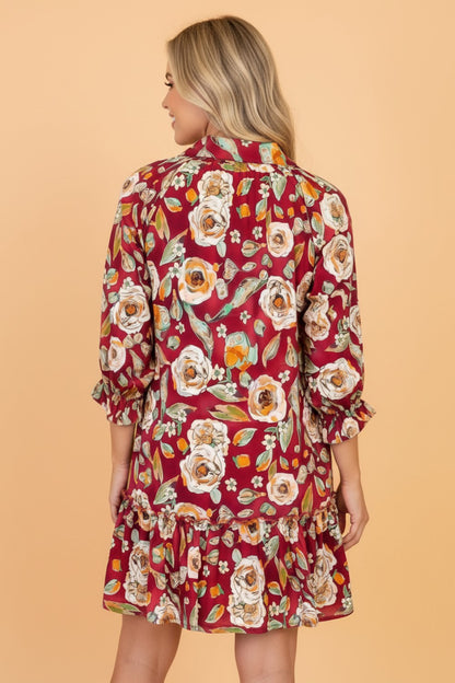 Floral Ruffle 3/4 Sleeve V-Neck Mini Dress