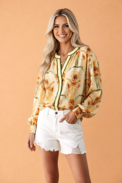 Floral Stripe Contrast V-Neck Puff Long Sleeve Blouse
