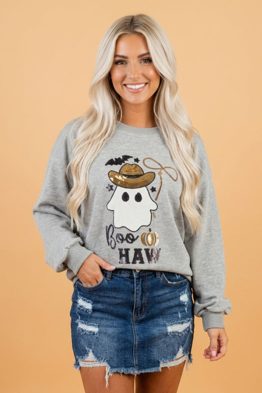 Halloween Western Ghost Sequin Graphic Long Sleeve Sweatshirt