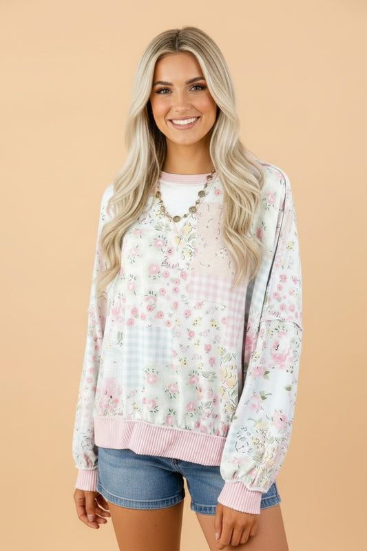Floral Patchwork Corded Knit Long Sleeve Top