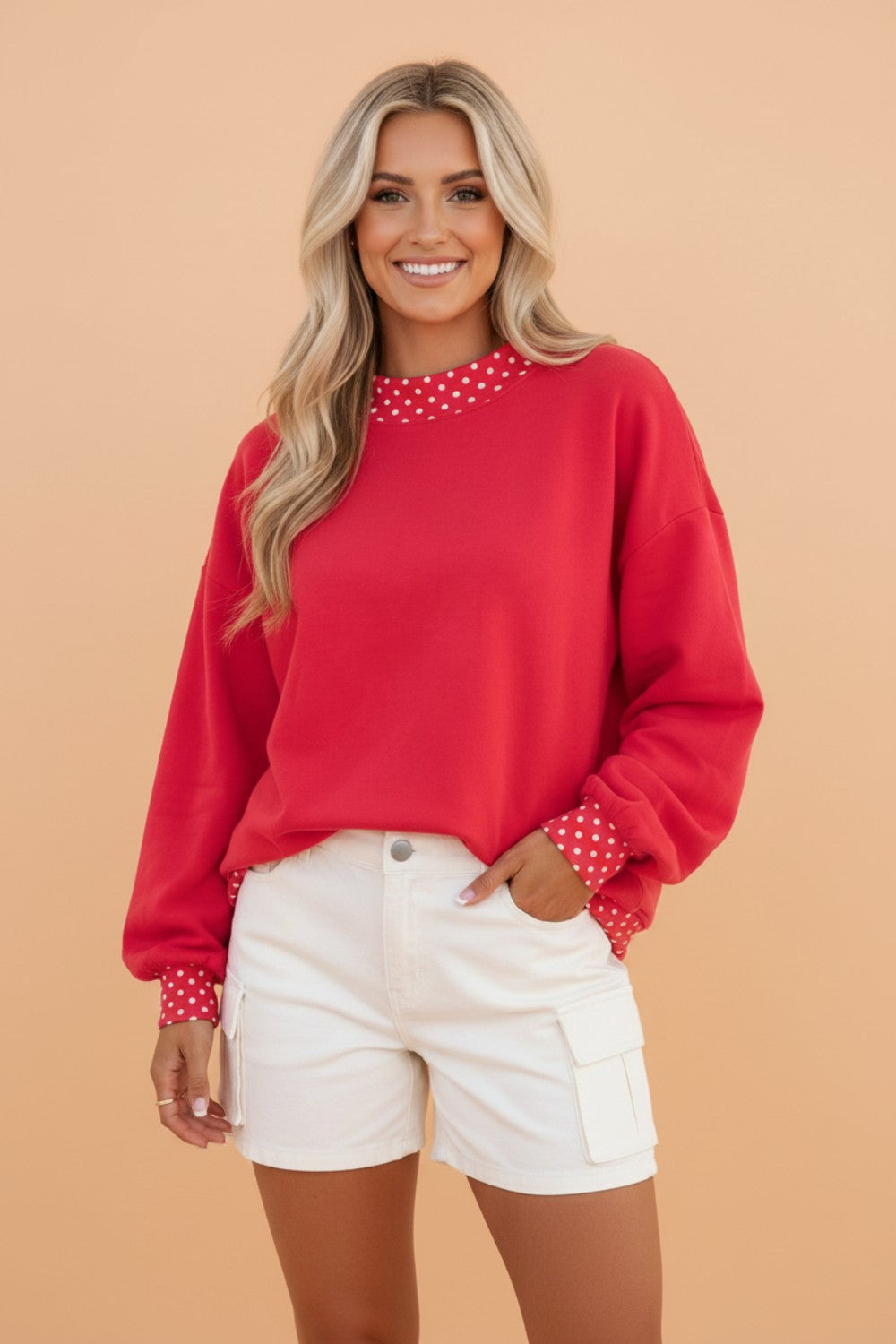 Polka Dot Contrast Trim Mock Neck Sweatshirt