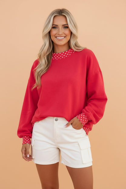 Polka Dot Contrast Trim Mock Neck Sweatshirt
