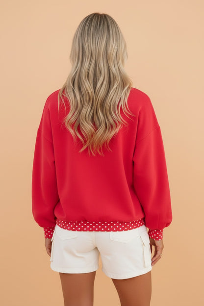 Polka Dot Contrast Trim Mock Neck Sweatshirt