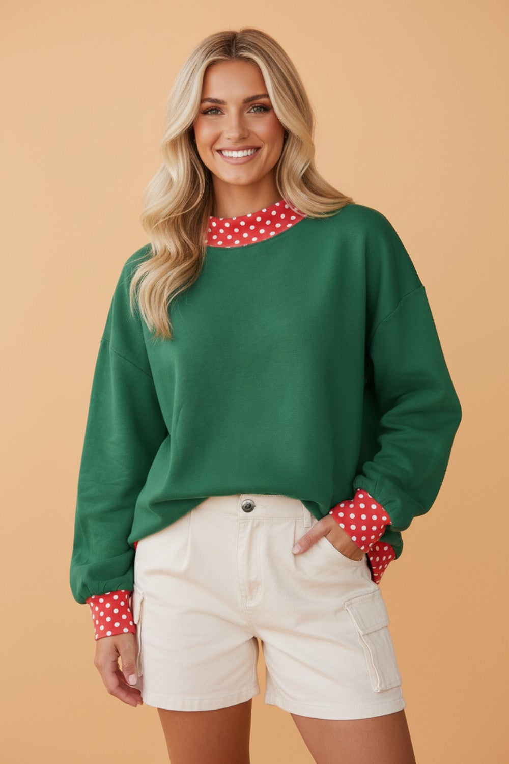 Polka Dot Contrast Trim Mock Neck Sweatshirt