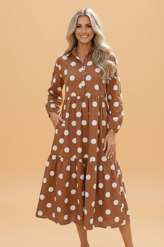 Polka Dot Buttoned Long Sleeve Tiered Midi Dress
