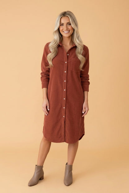Solid Corduroy Button Front Long Sleeve Midi Dress