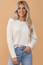 Solid Cable Knit Round Neck Long Sleeve Sweater